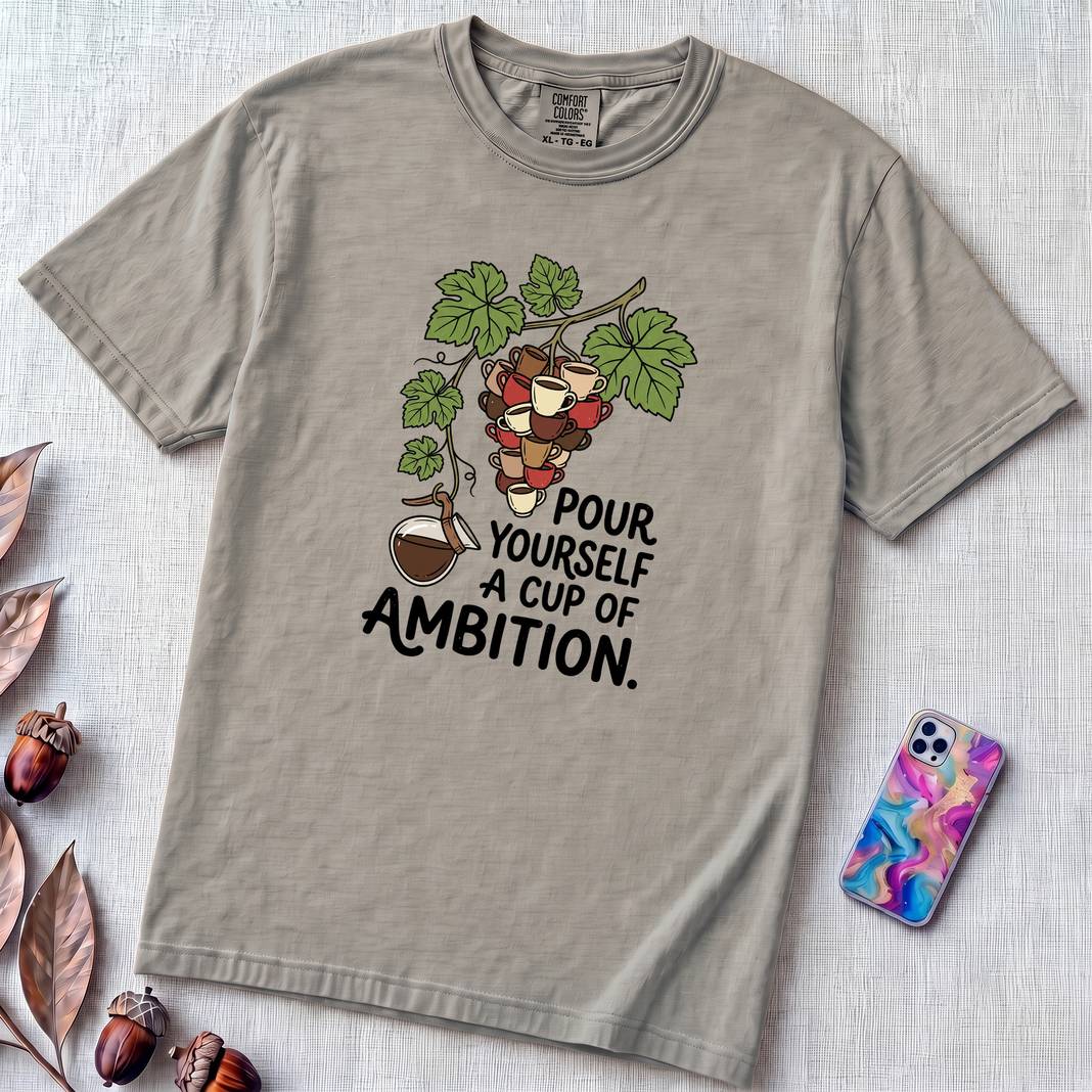 Pour Yourself A Cup Of Ambition T-Shirt, Dolly Parton 9 to 5 Tee - Granite unfolded t-shirt mockup