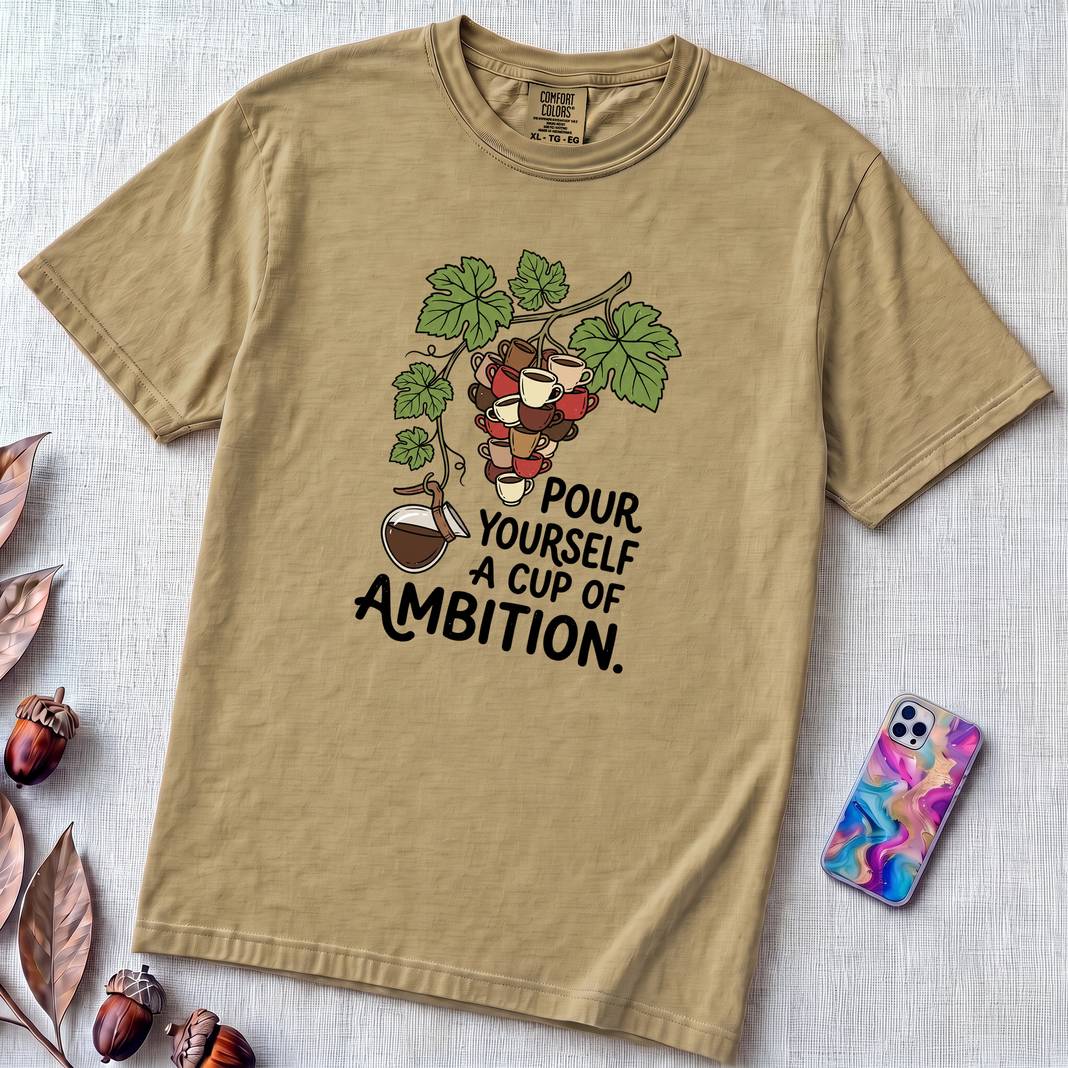 Pour Yourself A Cup Of Ambition T-Shirt, Dolly Parton 9 to 5 Tee - Khaki unfolded t-shirt mockup