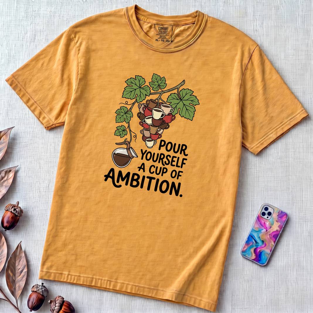 Pour Yourself A Cup Of Ambition T-Shirt, Dolly Parton 9 to 5 Tee - Mustard unfolded t-shirt mockup