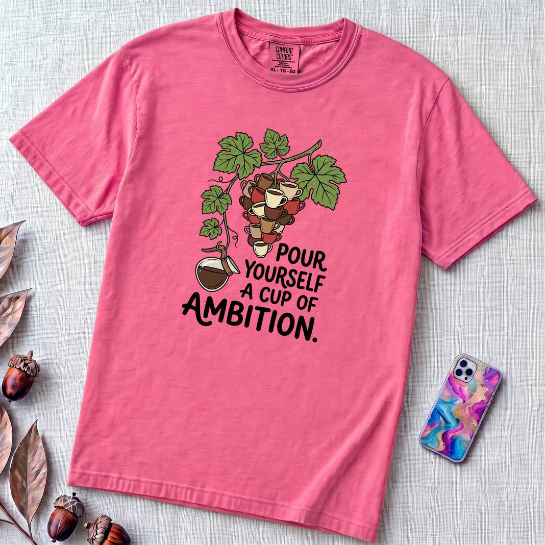 Pour Yourself A Cup Of Ambition T-Shirt, Dolly Parton 9 to 5 Tee - Neon Pink unfolded t-shirt mockup