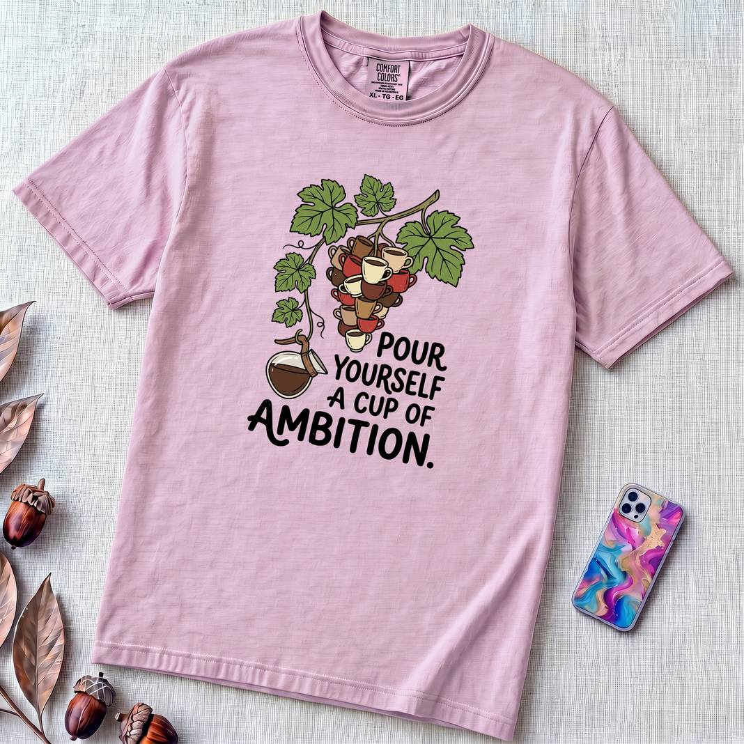 Pour Yourself A Cup Of Ambition T-Shirt, Dolly Parton 9 to 5 Tee - Orchid unfolded t-shirt mockup