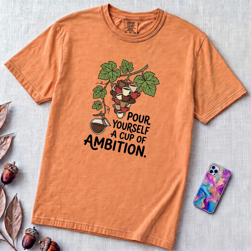 Pour Yourself A Cup Of Ambition T-Shirt, Dolly Parton 9 to 5 Tee - Terracotta unfolded t-shirt mockup