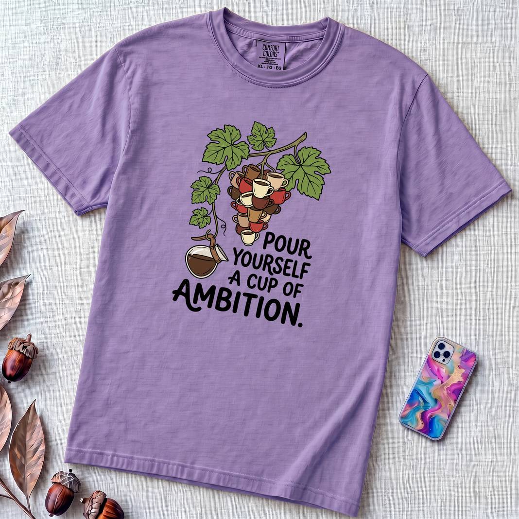 Pour Yourself A Cup Of Ambition T-Shirt, Dolly Parton 9 to 5 Tee - Violet unfolded t-shirt mockup