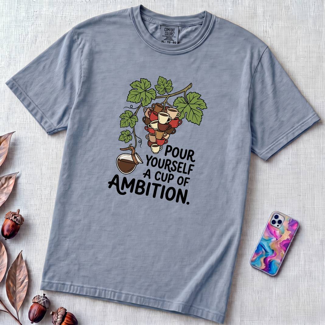 Pour Yourself A Cup Of Ambition T-Shirt, Dolly Parton 9 to 5 Tee - Washed Denim unfolded t-shirt mockup