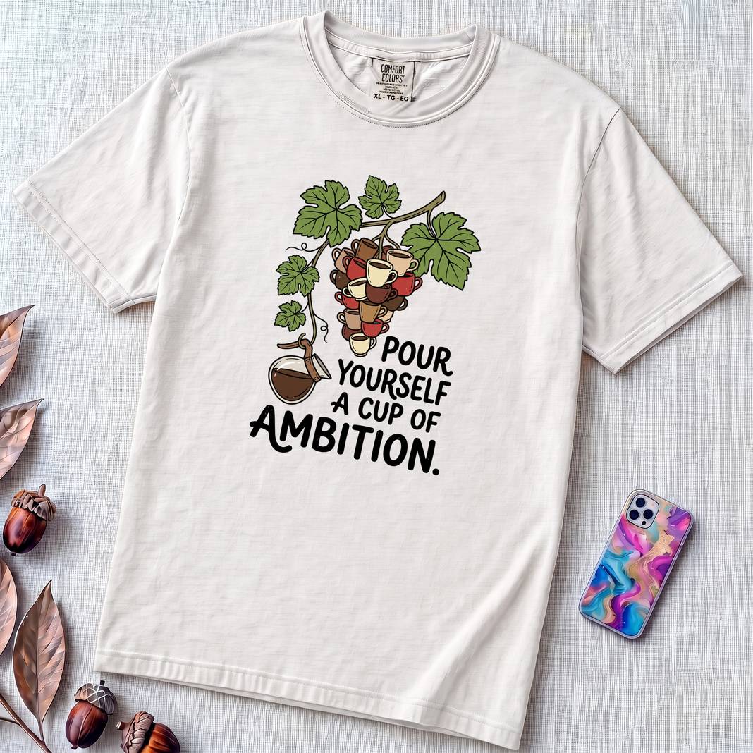 Pour Yourself A Cup Of Ambition T-Shirt, Dolly Parton 9 to 5 Tee - White unfolded t-shirt mockup