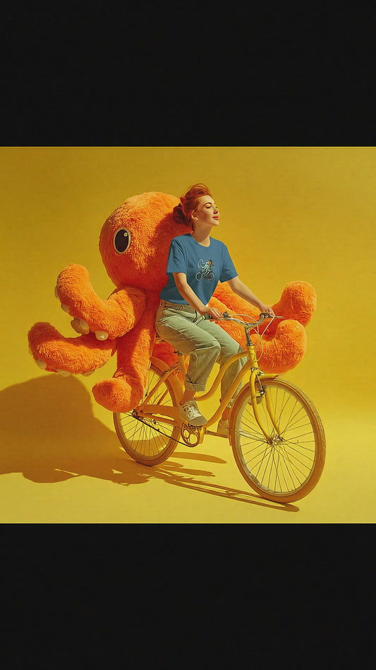 Unisex t-shirt with octopus on a bike