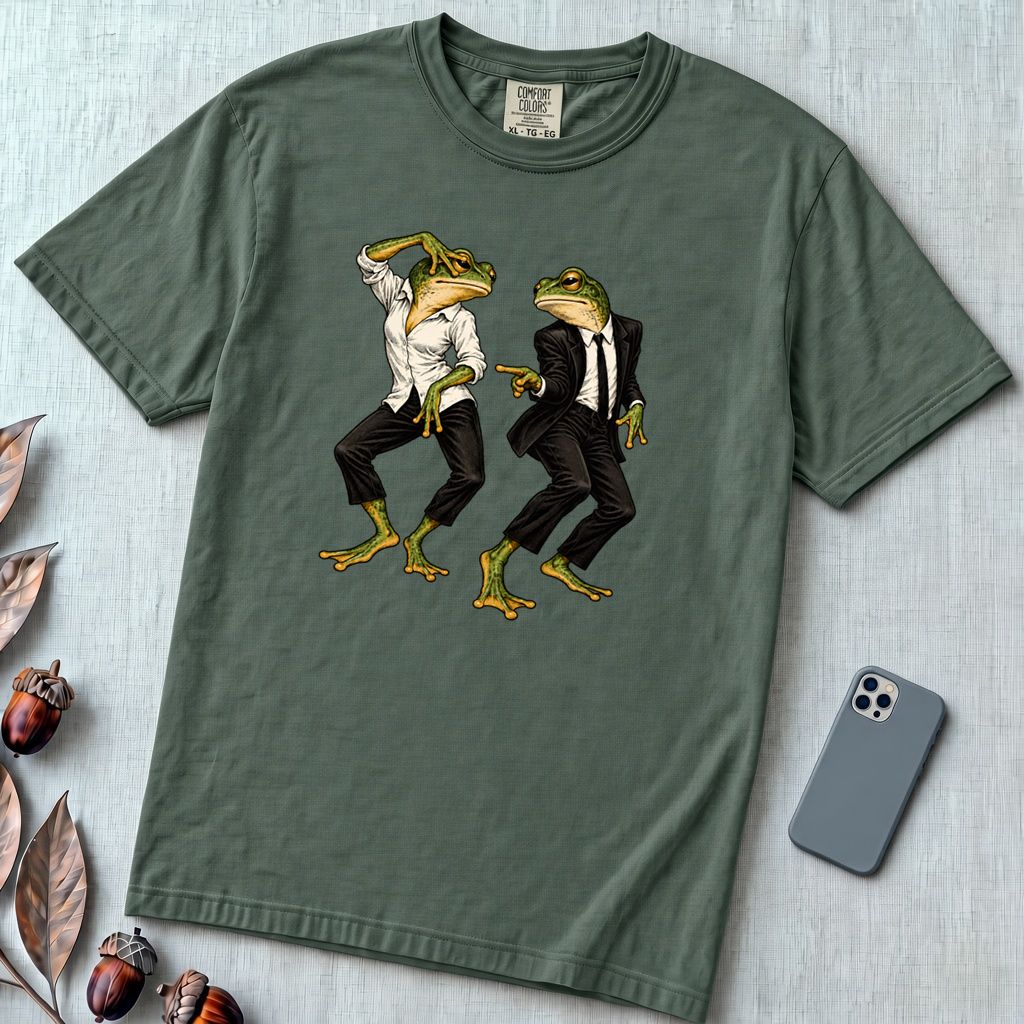 Pulp Fiction Inspired Dancing Frogs T-Shirt, John Travolta Uma Thurman dance parody - Blue Spruce unfolded t-shirt mockup