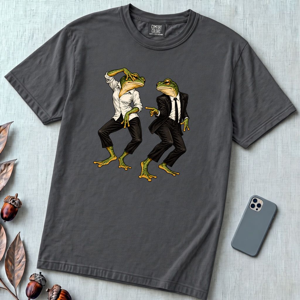Pulp Fiction Inspired Dancing Frogs T-Shirt, John Travolta Uma Thurman dance parody - Graphite unfolded t-shirt mockup