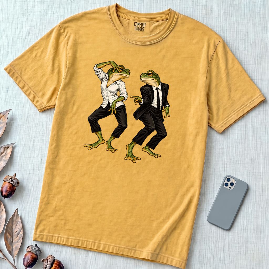 Pulp Fiction Inspired Dancing Frogs T-Shirt, John Travolta Uma Thurman dance parody - Mustard unfolded t-shirt mockup