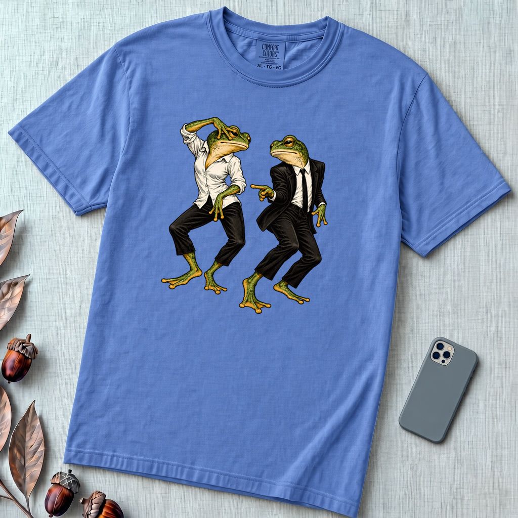 Pulp Fiction Inspired Dancing Frogs T-Shirt, John Travolta Uma Thurman dance parody - Mystic Blue unfolded t-shirt mockup