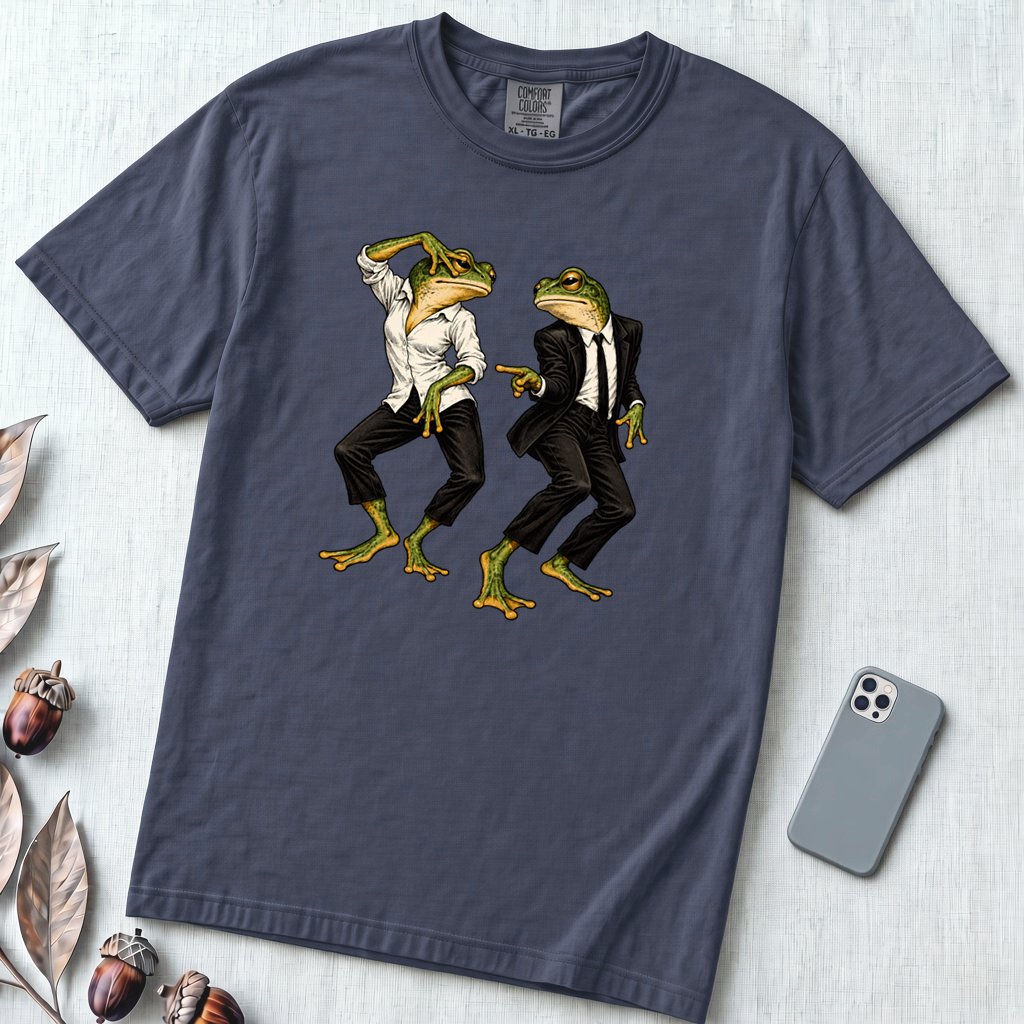 Pulp Fiction Inspired Dancing Frogs T-Shirt, John Travolta Uma Thurman dance parody - Navy unfolded t-shirt mockup