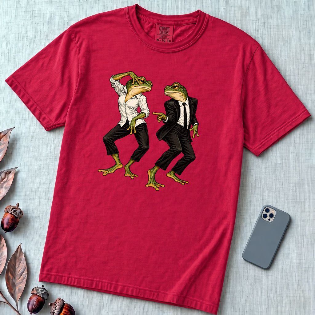 Pulp Fiction Inspired Dancing Frogs T-Shirt, John Travolta Uma Thurman dance parody - Red unfolded t-shirt mockup