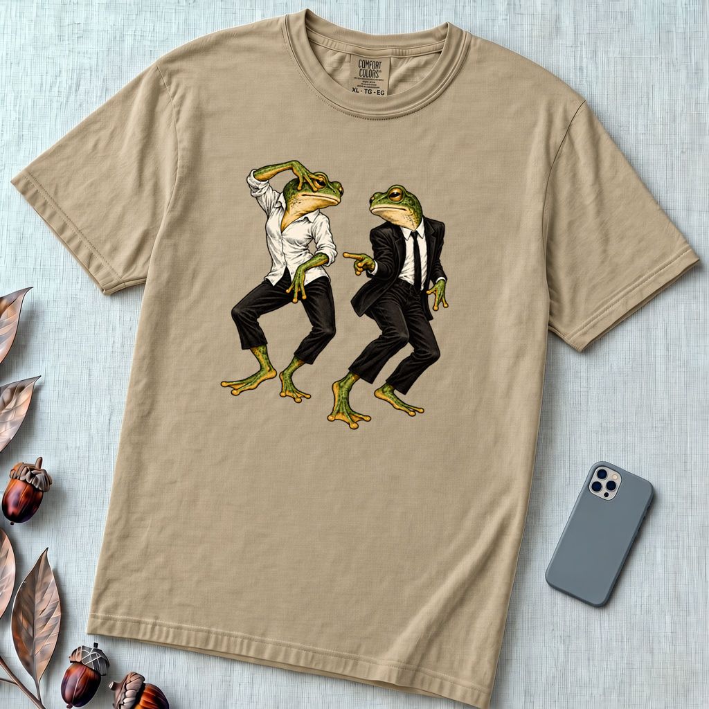Pulp Fiction Inspired Dancing Frogs T-Shirt, John Travolta Uma Thurman dance parody - Sandstone unfolded t-shirt mockup