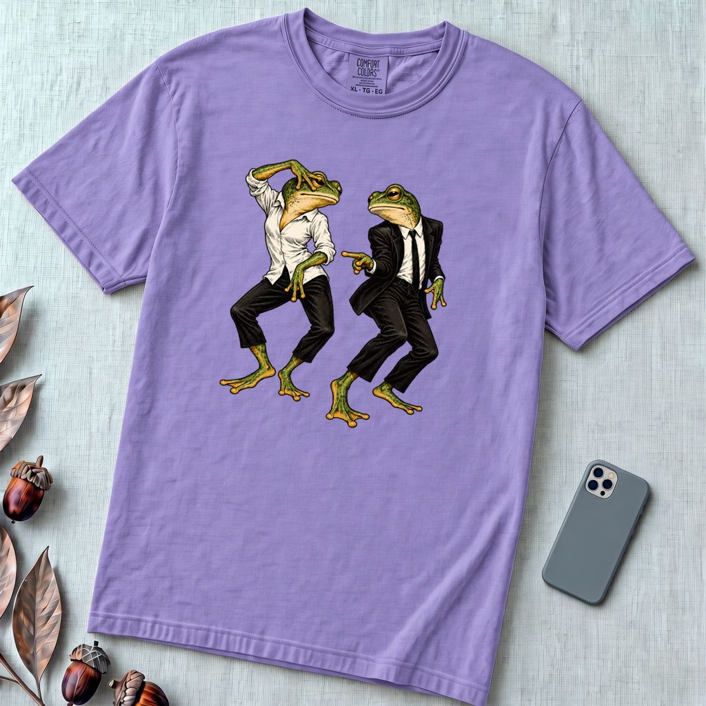 Pulp Fiction Inspired Dancing Frogs T-Shirt, John Travolta Uma Thurman dance parody - Violet unfolded t-shirt mockup