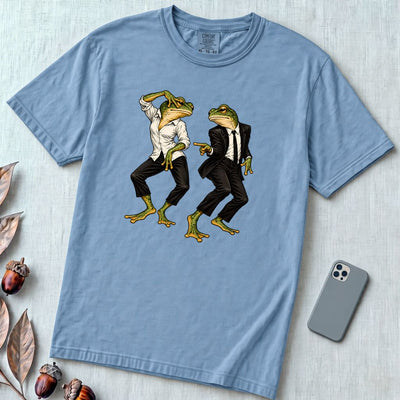 Pulp Fiction Inspired Dancing Frogs T-Shirt, John Travolta Uma Thurman dance parody - Washed Denim unfolded t-shirt mockup
