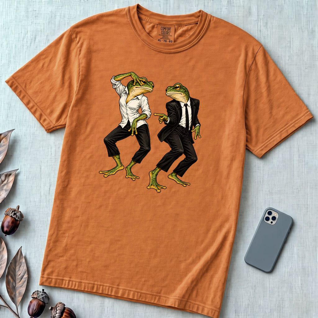 Pulp Fiction Inspired Dancing Frogs T-Shirt, John Travolta Uma Thurman dance parody - Yam unfolded t-shirt mockup