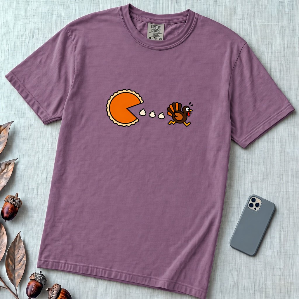 Pumpkin Pie vs Turkey – Thanksgiving Arcade T-Shirt, Pac man style - Berry unfolded t-shirt mockup