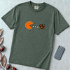 Pumpkin Pie vs Turkey – Thanksgiving Arcade T-Shirt, Pac man style - Blue Spruce unfolded t-shirt mockup