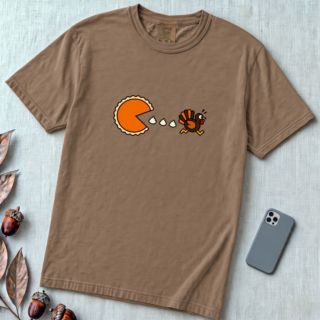 Pumpkin Pie vs Turkey – Thanksgiving Arcade T-Shirt, Pac man style - Espresso unfolded t-shirt mockup
