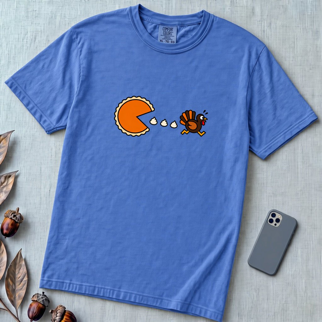 Pumpkin Pie vs Turkey – Thanksgiving Arcade T-Shirt, Pac man style - Flo Blue unfolded t-shirt mockup