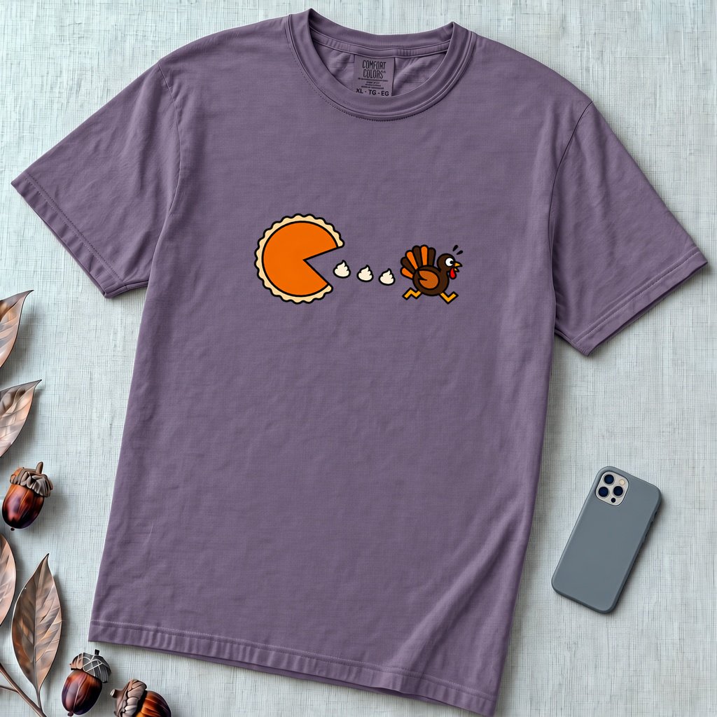 Pumpkin Pie vs Turkey – Thanksgiving Arcade T-Shirt, Pac man style - Grape unfolded t-shirt mockup