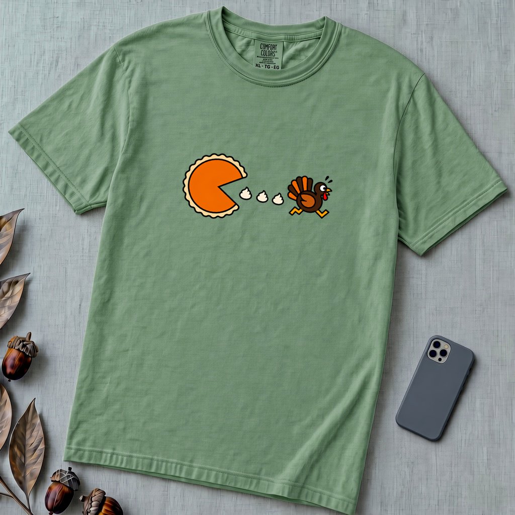 Pumpkin Pie vs Turkey – Thanksgiving Arcade T-Shirt, Pac man style - Light Green unfolded t-shirt mockup