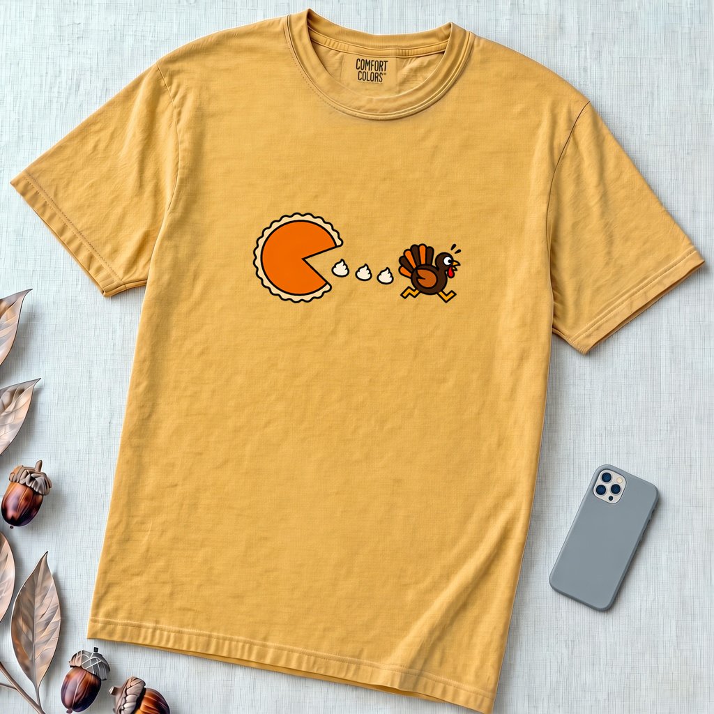 Pumpkin Pie vs Turkey – Thanksgiving Arcade T-Shirt, Pac man style - Mustard unfolded t-shirt mockup