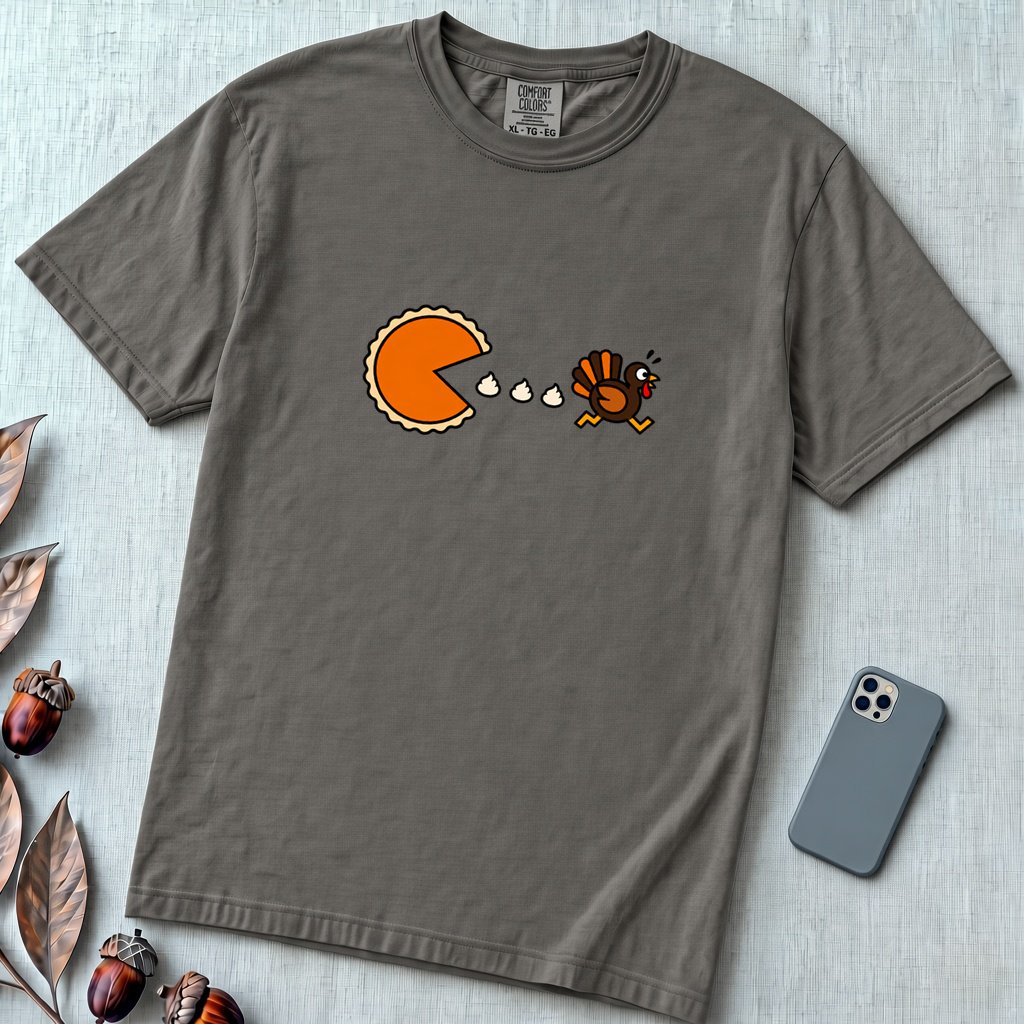 Pumpkin Pie vs Turkey – Thanksgiving Arcade T-Shirt, Pac man style - Pepper unfolded t-shirt mockup