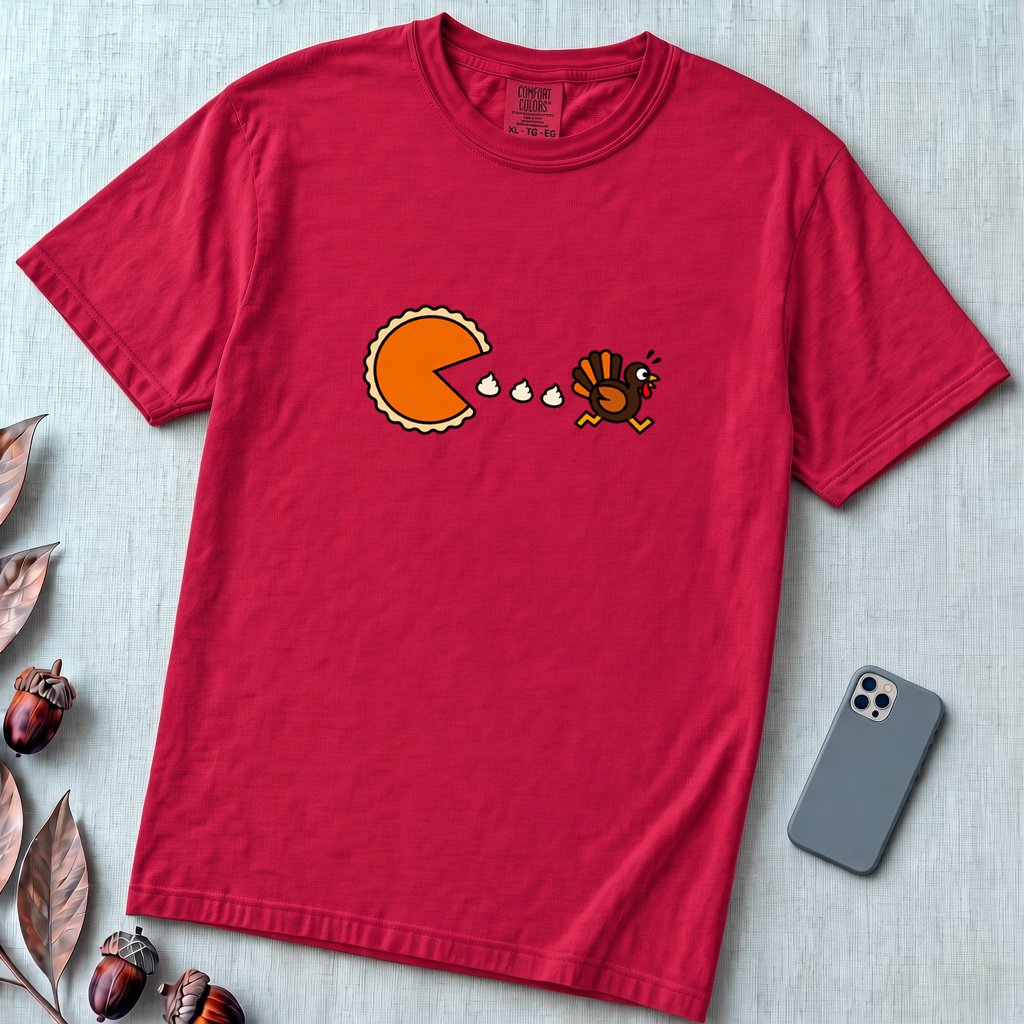 Pumpkin Pie vs Turkey – Thanksgiving Arcade T-Shirt, Pac man style - Red unfolded t-shirt mockup
