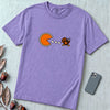 Pumpkin Pie vs Turkey – Thanksgiving Arcade T-Shirt, Pac man style - Violet unfolded t-shirt mockup