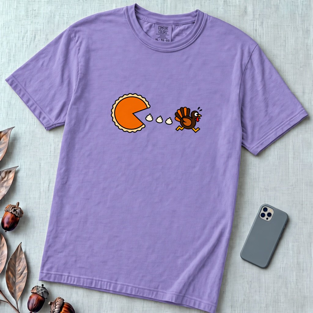 Pumpkin Pie vs Turkey – Thanksgiving Arcade T-Shirt, Pac man style - Violet unfolded t-shirt mockup
