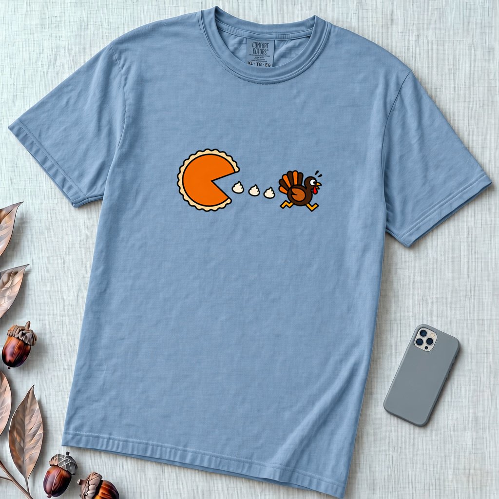 Pumpkin Pie vs Turkey – Thanksgiving Arcade T-Shirt, Pac man style - Washed Denim unfolded t-shirt mockup