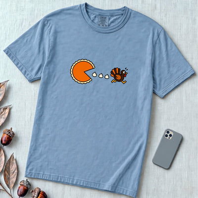 Pumpkin Pie vs Turkey – Thanksgiving Arcade T-Shirt, Pac man style - Washed Denim unfolded t-shirt mockup