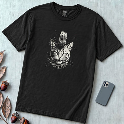 Punk Cat T-Shirt, Funny Mohawk Cat - Black unfolded t-shirt mockup