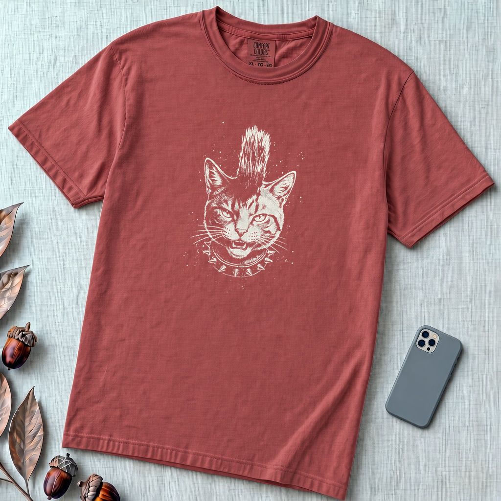 Punk Cat T-Shirt, Funny Mohawk Cat - Brick unfolded t-shirt mockup