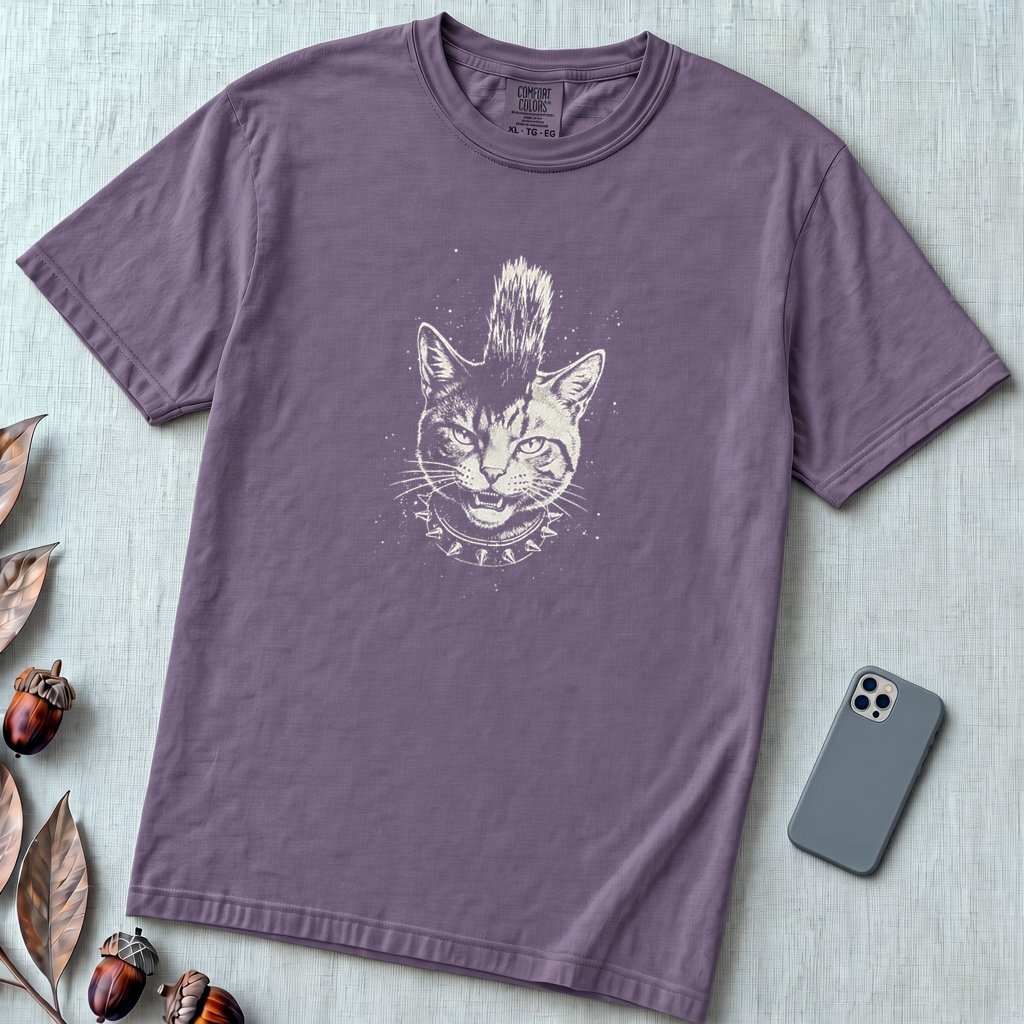 Punk Cat T-Shirt, Funny Mohawk Cat - Grape unfolded t-shirt mockup