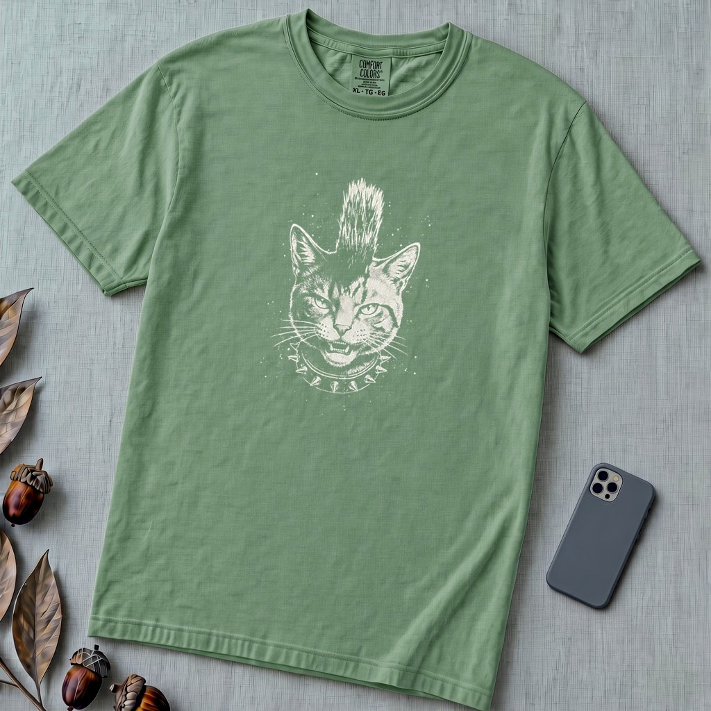 Punk Cat T-Shirt, Funny Mohawk Cat - Light Green unfolded t-shirt mockup