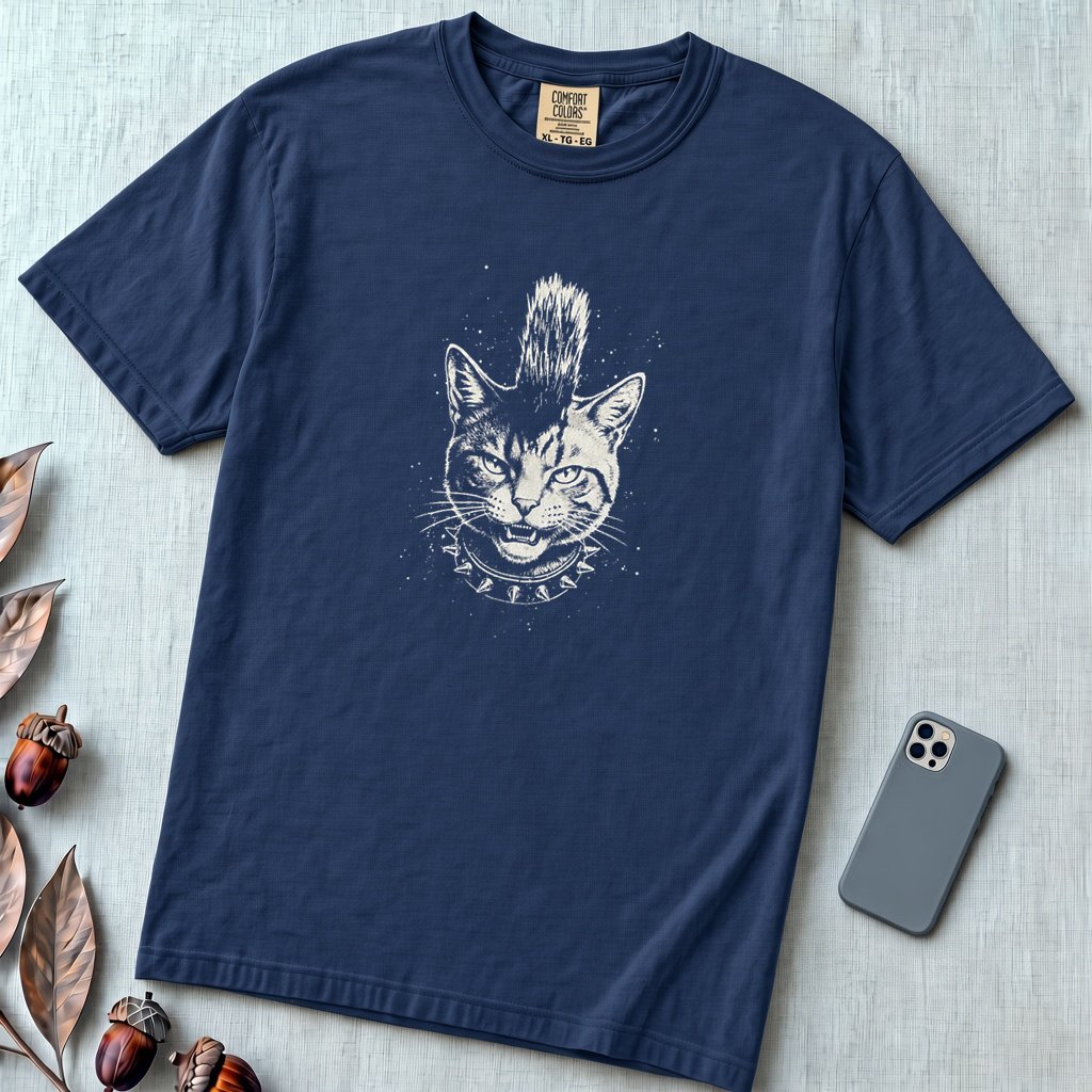 Punk Cat T-Shirt, Funny Mohawk Cat - Midnight unfolded t-shirt mockup