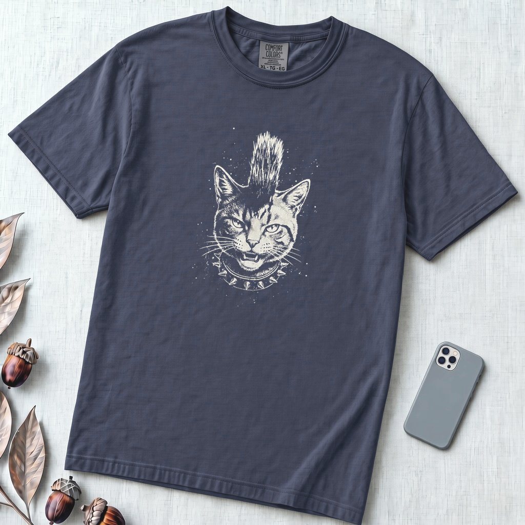Punk Cat T-Shirt, Funny Mohawk Cat - Navy unfolded t-shirt mockup