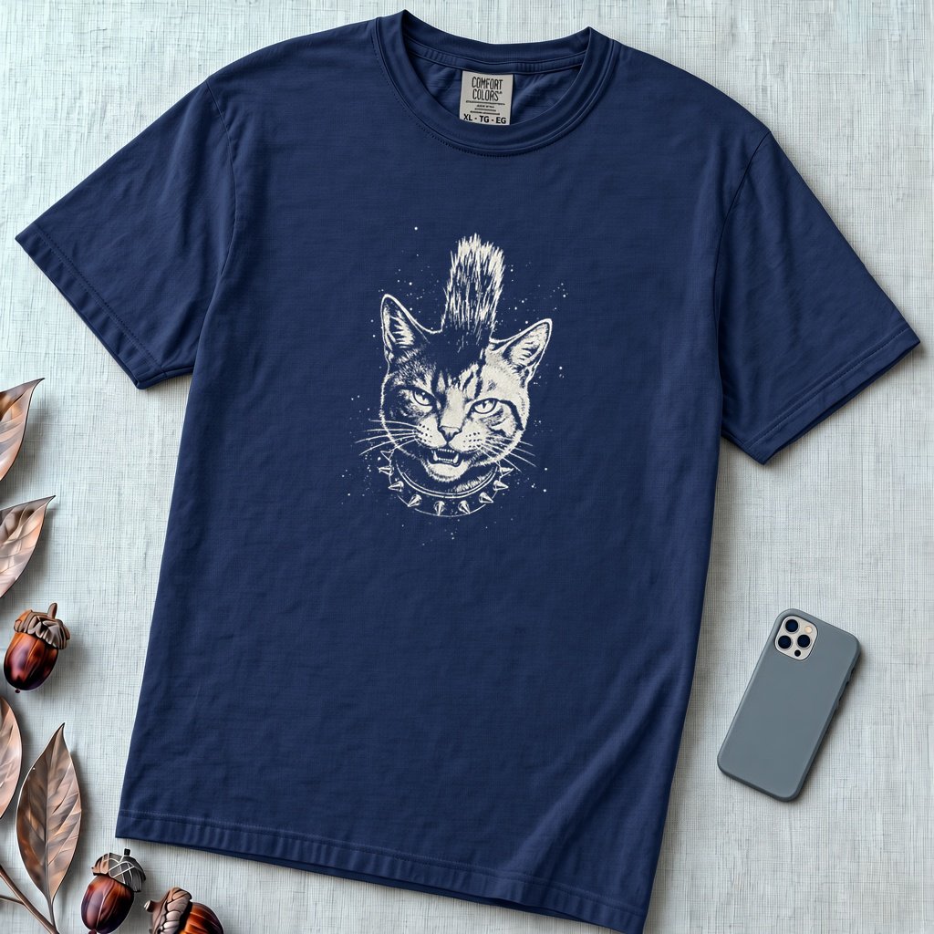Punk Cat T-Shirt, Funny Mohawk Cat - True Navy unfolded t-shirt mockup