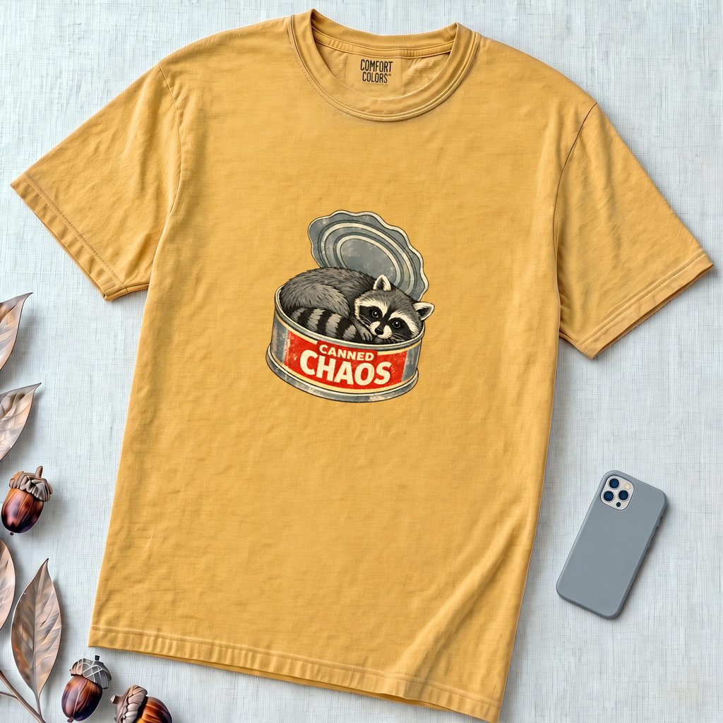 Raccoon Shirt, Funny trashed panda t-shirt - Mustard unfolded t-shirt mockup