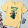 Reading Is Out of This World - Astronaut & Alien Reader T-Shirt - Butter unfolded t-shirt mockup