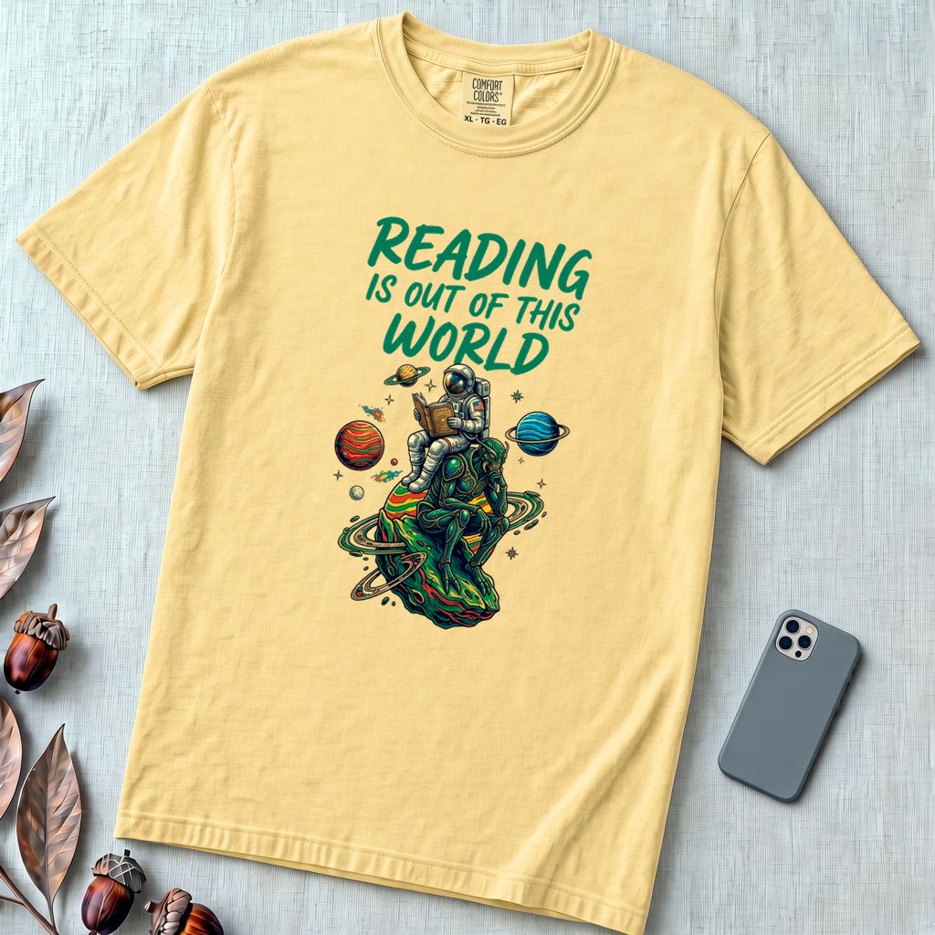 Reading Is Out of This World - Astronaut & Alien Reader T-Shirt - Butter unfolded t-shirt mockup