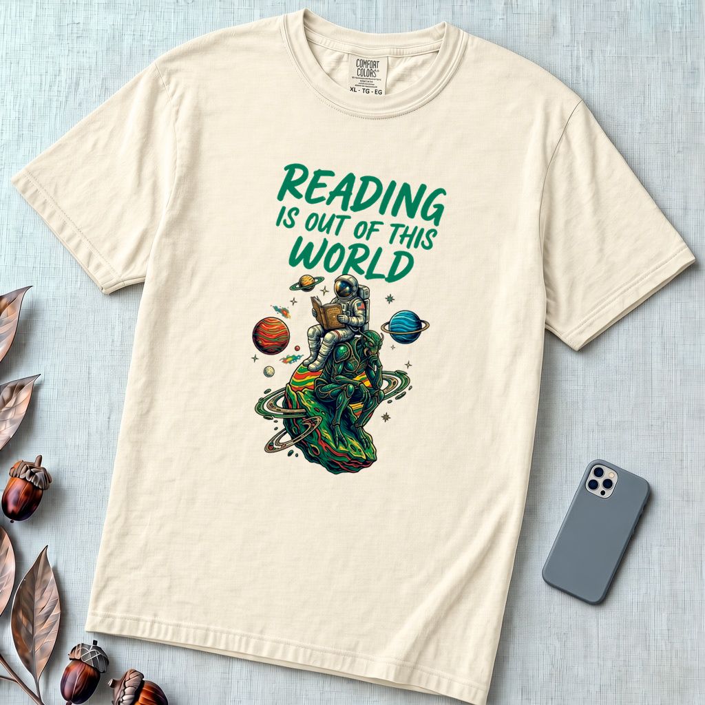 Reading Is Out of This World - Astronaut & Alien Reader T-Shirt - Ivory unfolded t-shirt mockup