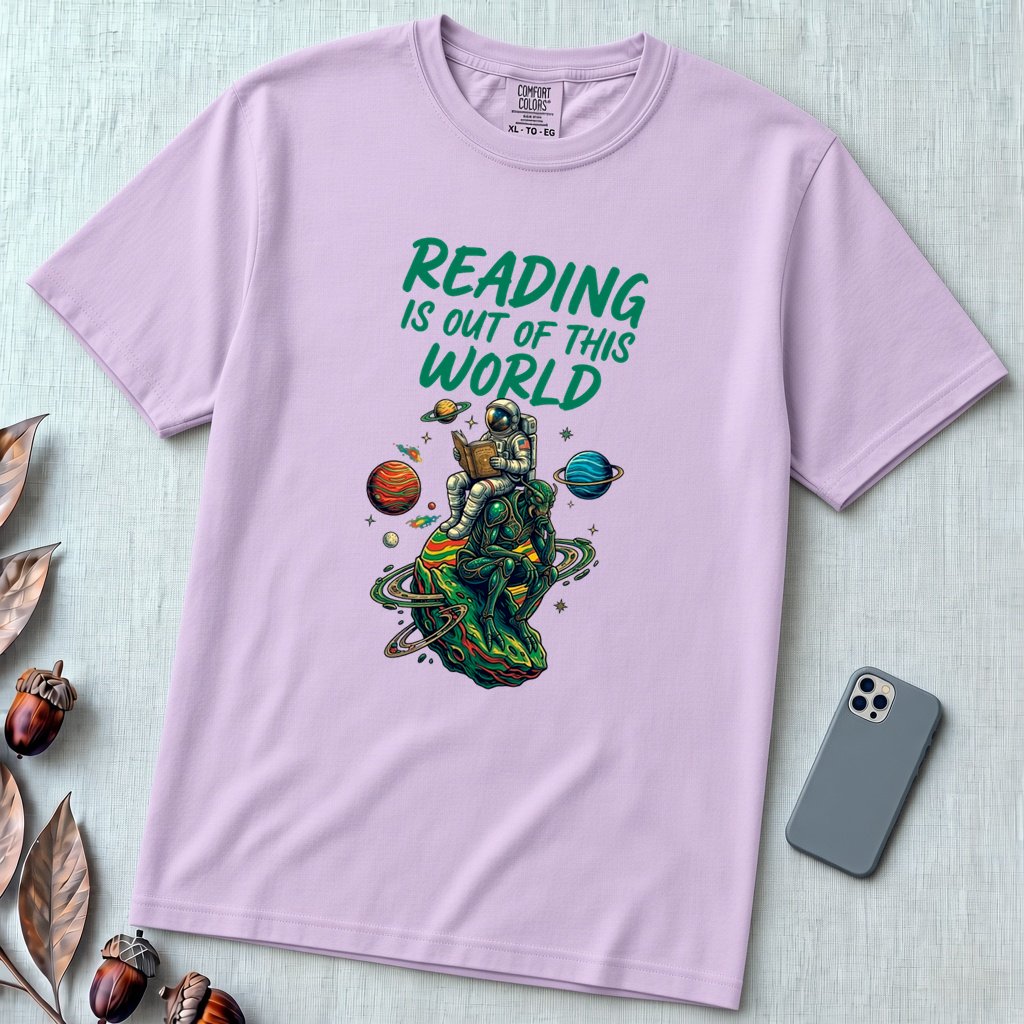 Reading Is Out of This World - Astronaut & Alien Reader T-Shirt - Orchid unfolded t-shirt mockup
