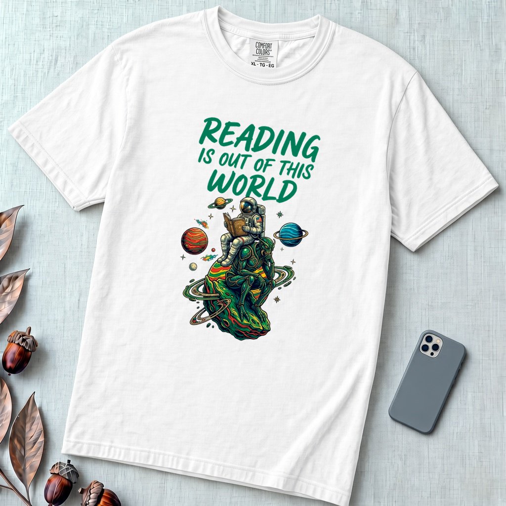 Reading Is Out of This World - Astronaut & Alien Reader T-Shirt - White unfolded t-shirt mockup