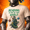 Person wearing a robot helmet and t-shirt with 'Reading is out of this world' design on an orange background