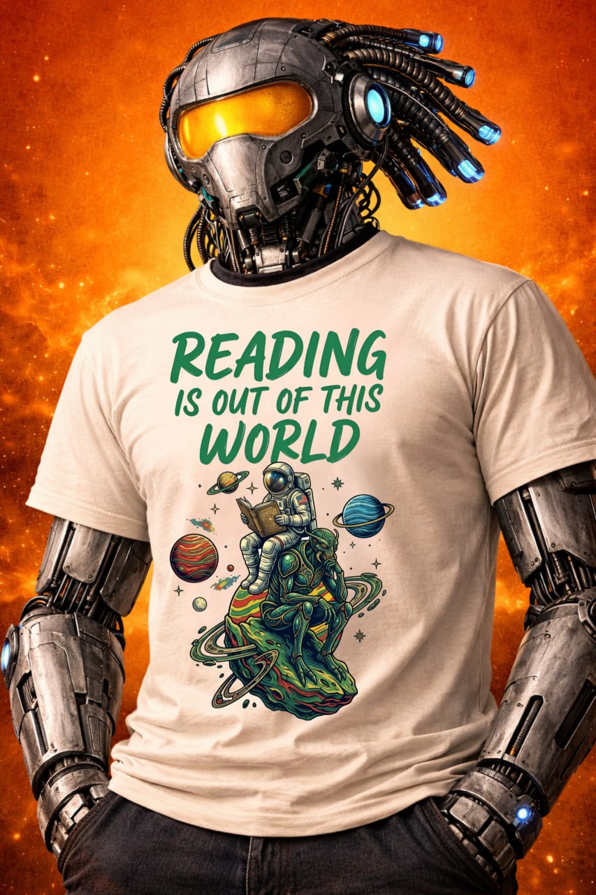 Person wearing a robot helmet and t-shirt with 'Reading is out of this world' design on an orange background