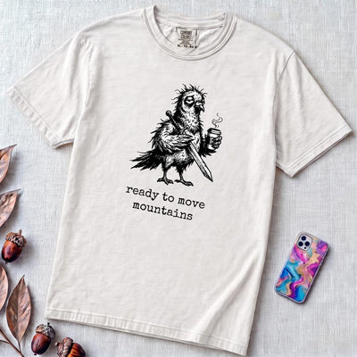 Ready to Move Mountains T-Shirt, Funny Tired Pigeon - White unfolded t-shirt mockup
