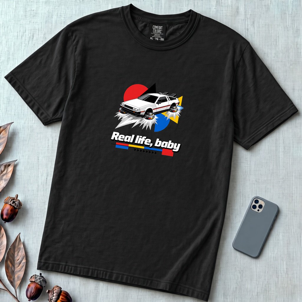 Real Life Baby Flying Car T-Shirt | Future Is Now Tee - Black unfolded t-shirt mockup
